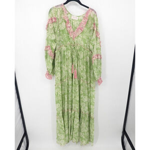 Miss June Paris Dress Womens One‎ Size Green Pink Maxi Boho Floral Ruffle Tassel